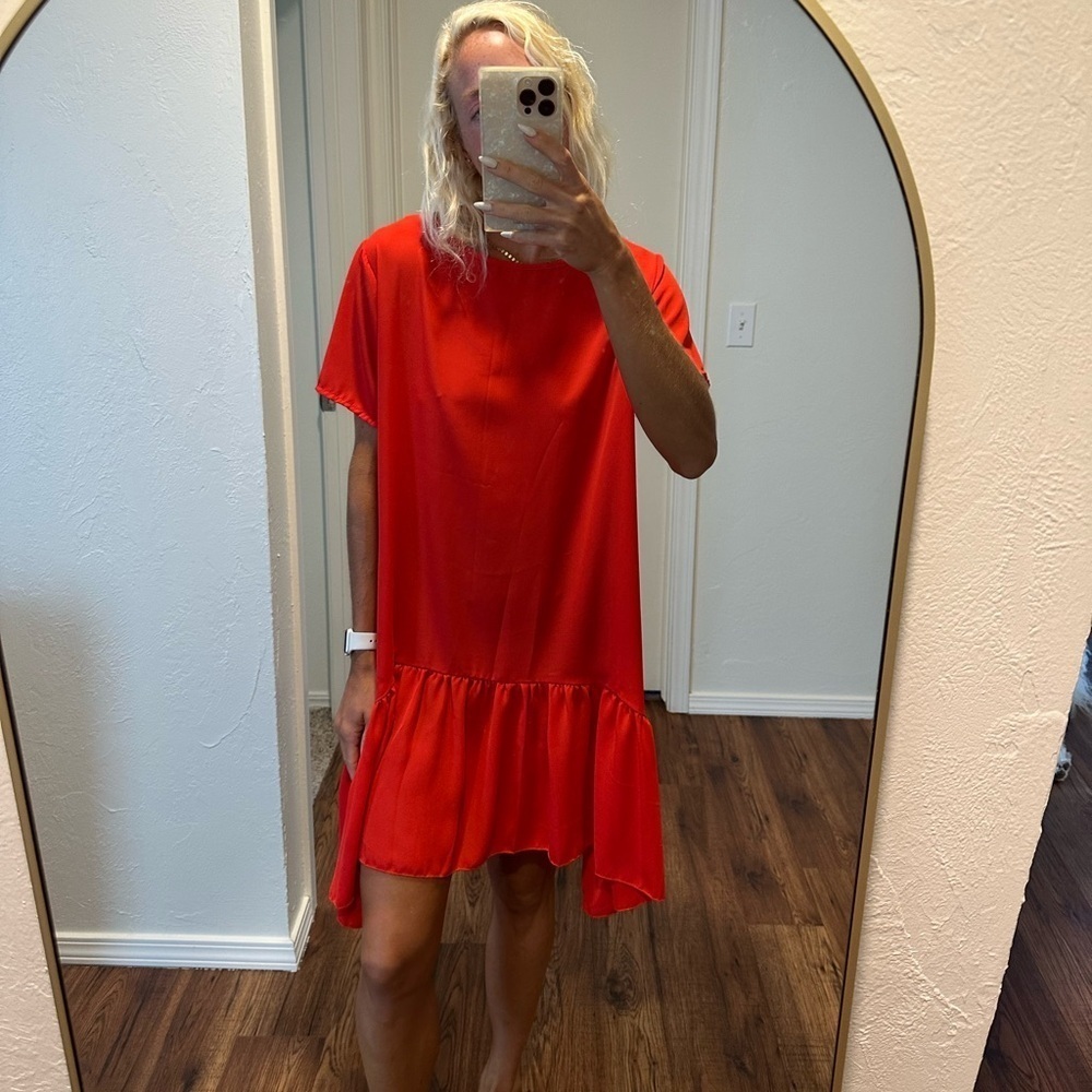 Red flowy dress with pleating detail​​​​